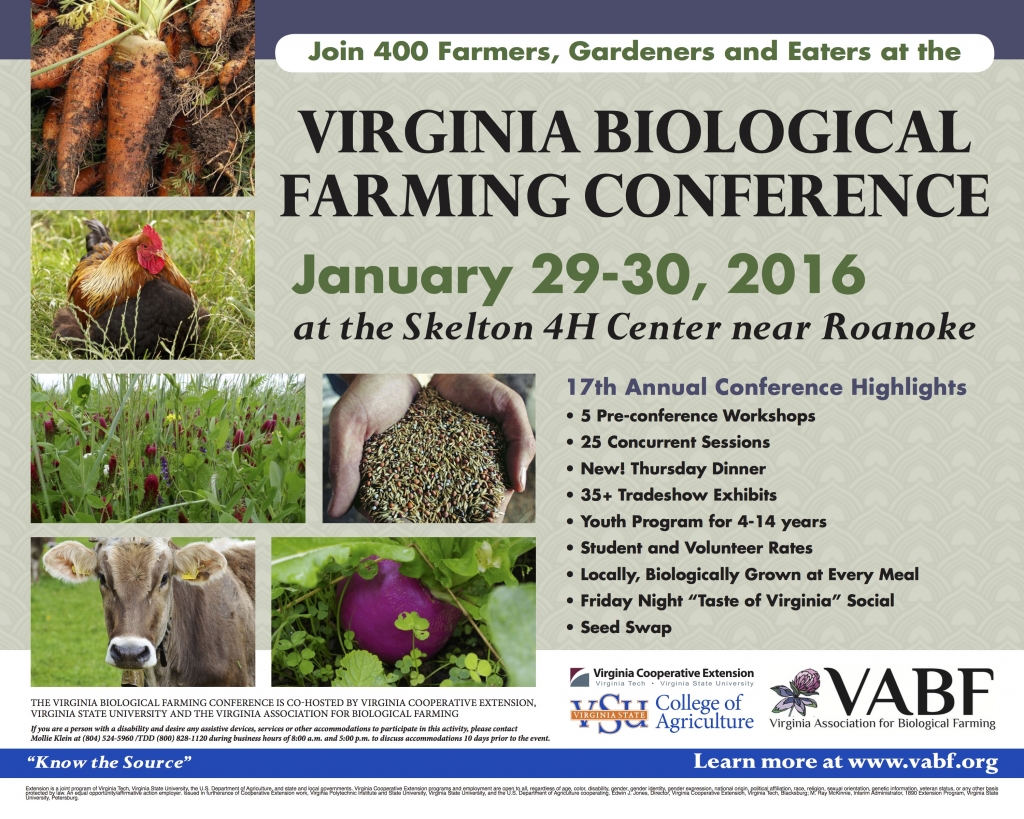 Flyer for the Virginia Biological Farming Conference in 2016.