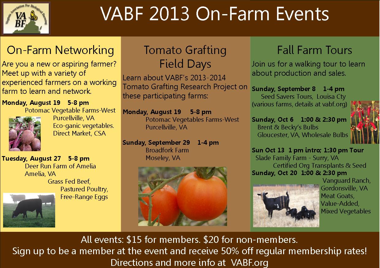 Flyer for VABF 2013 On-Farm Events with schedule and details.