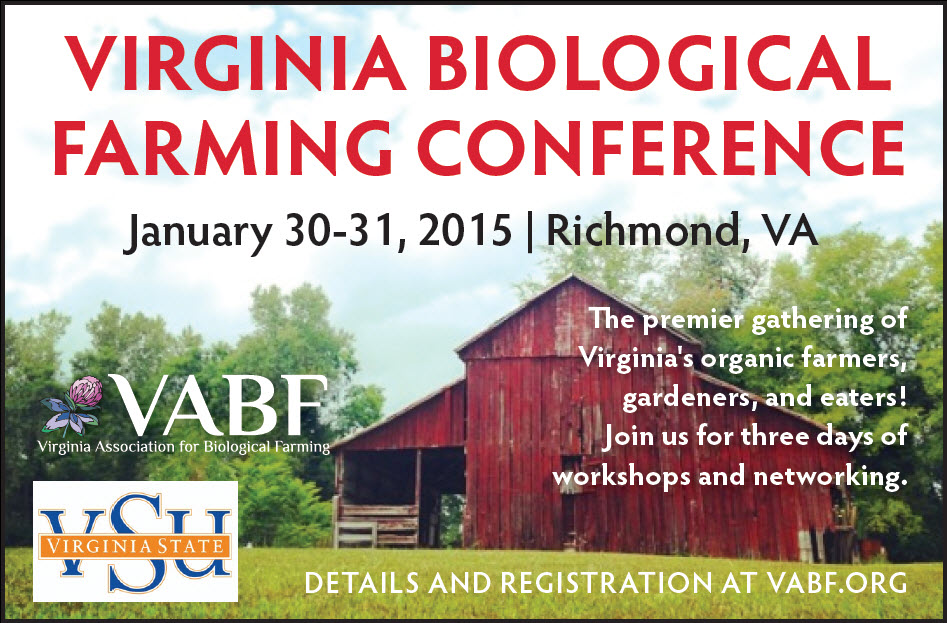 Poster for the Virginia Biological Farming Conference 2015 in Richmond, VA.