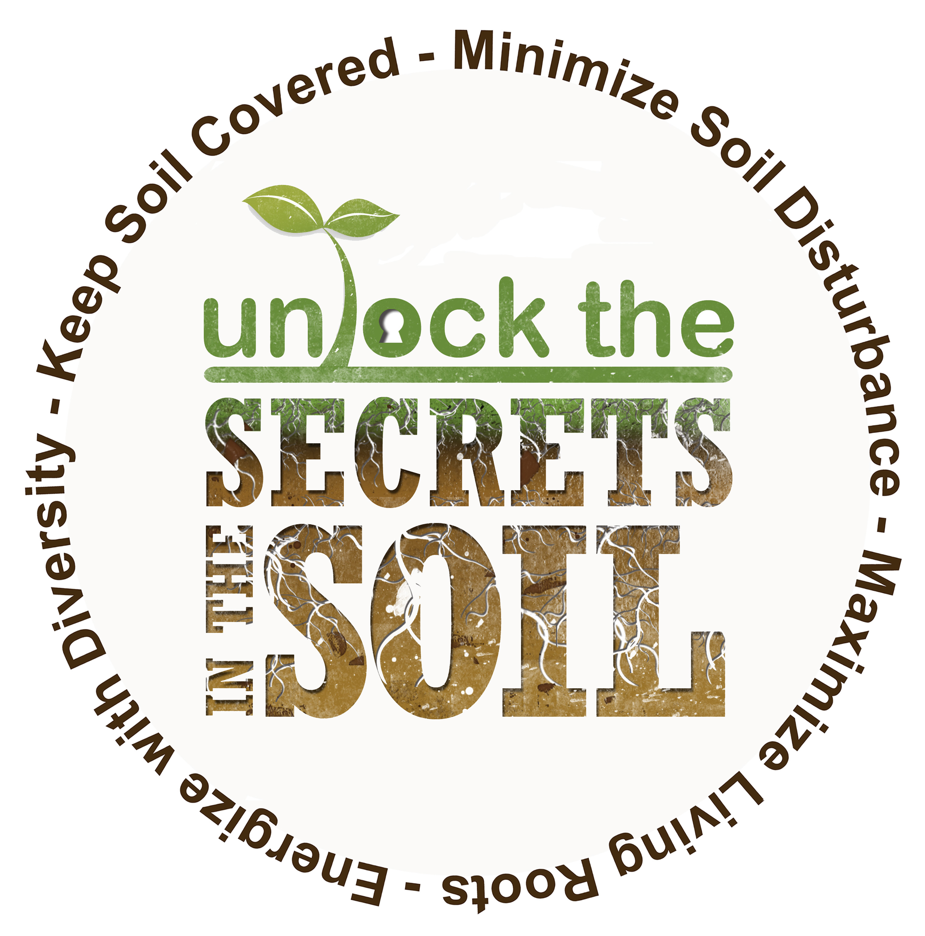 Circular logo promoting soil health with key phrases around it.