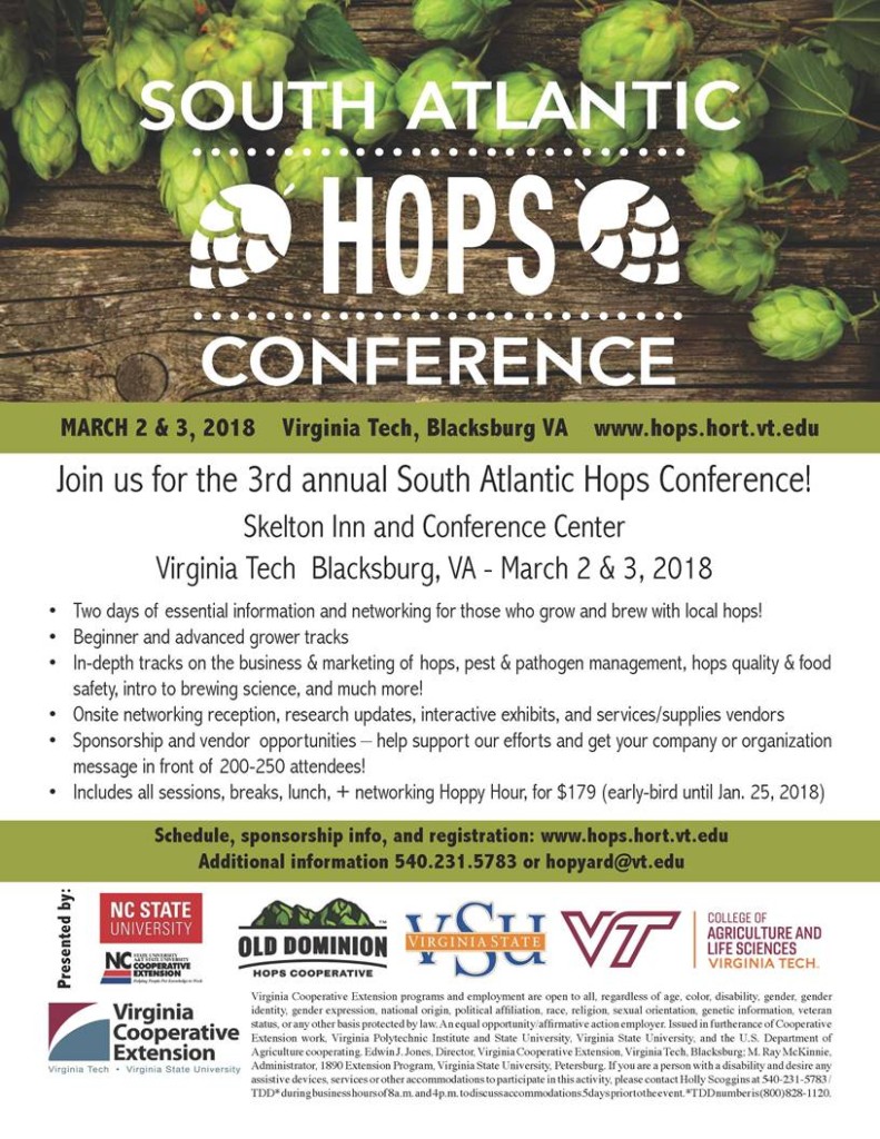 Poster for the 3rd Annual South Atlantic Hops Conference on March 2-3, 2018.
