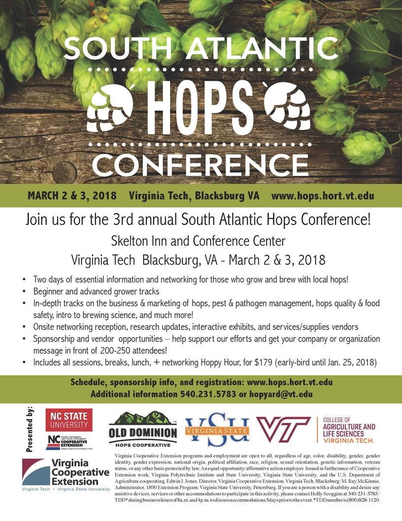 Poster for the 3rd Annual South Atlantic Hops Conference on March 2-3, 2018.