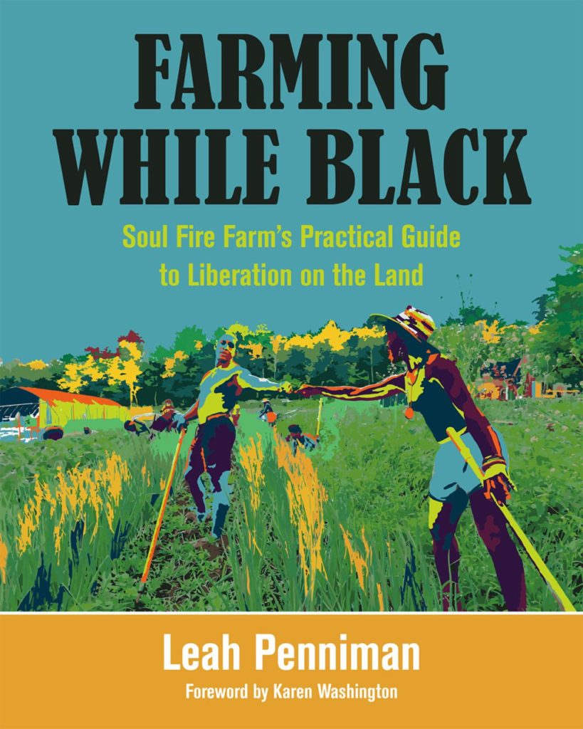 Cover of a book titled 'Farming While Black' showing two people working in a field.