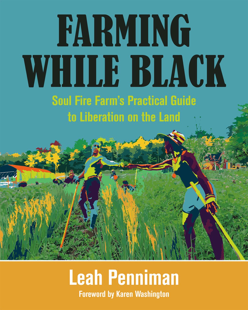 Cover of a book titled 'Farming While Black' showing two people working in a field.