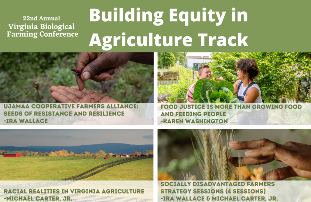 Infographic on building equity in agriculture with statistics and goals.