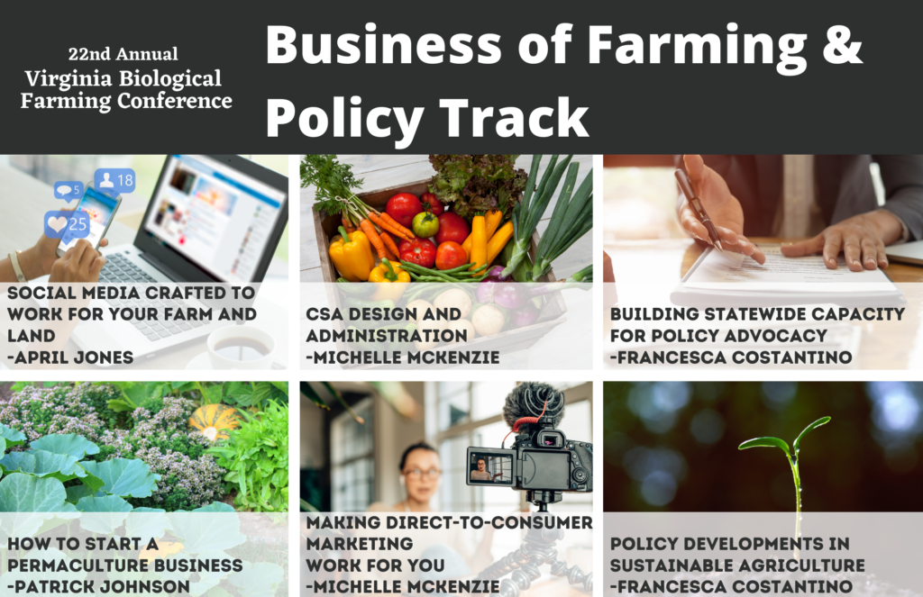 Business of Farming Policy Track presentation slide with speaker photos.