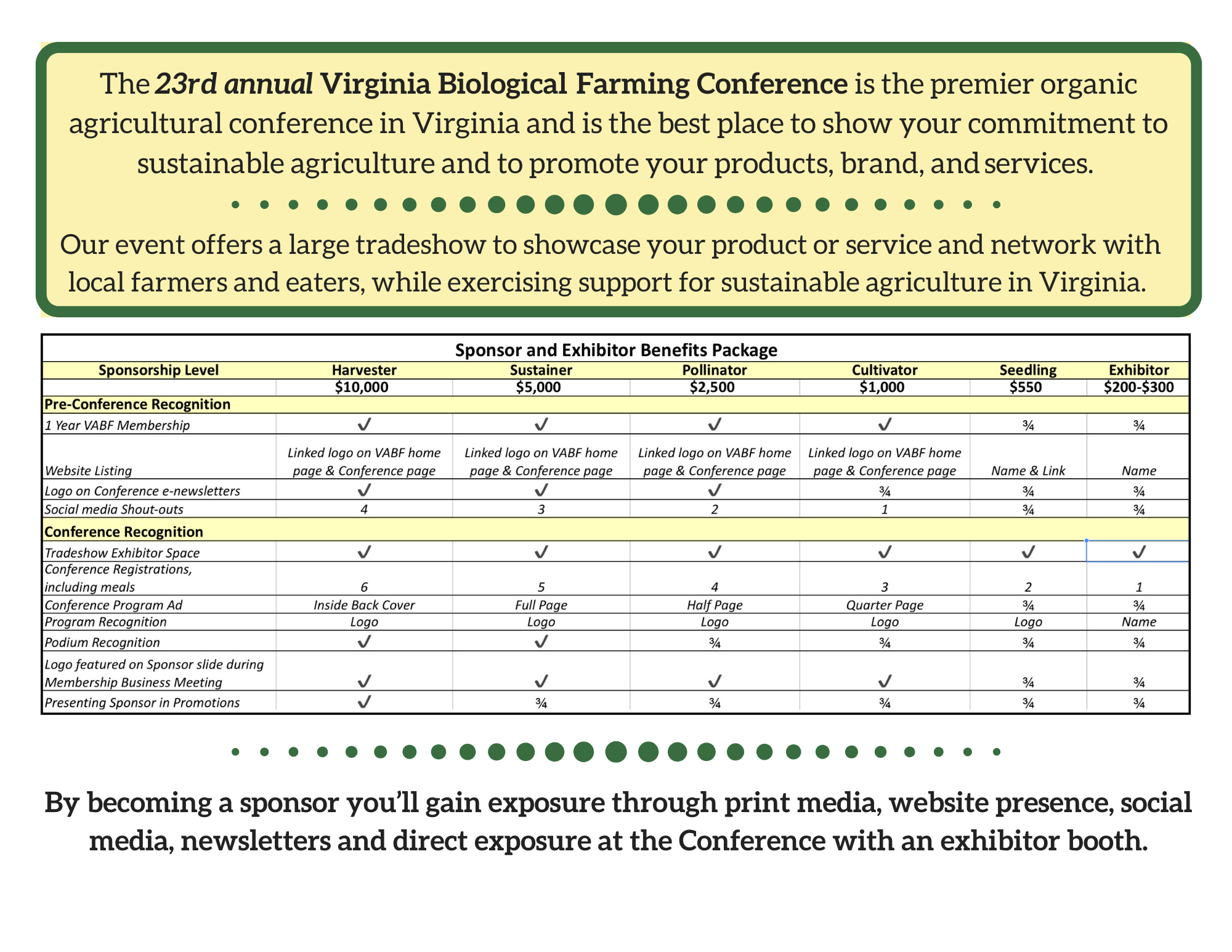 A flyer promoting the 23rd annual Virginia Biological Farming Conference with details on the event and exhibitor opportunities.