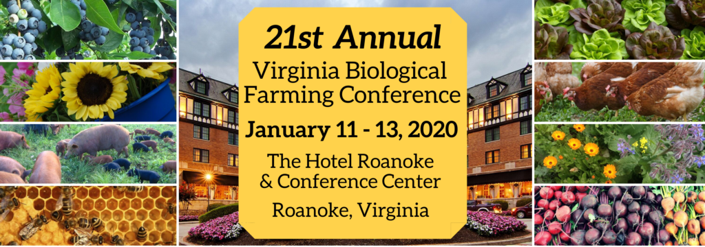 Event poster for the 21st Annual Virginia Biological Farming Conference in Roanoke, 2020.