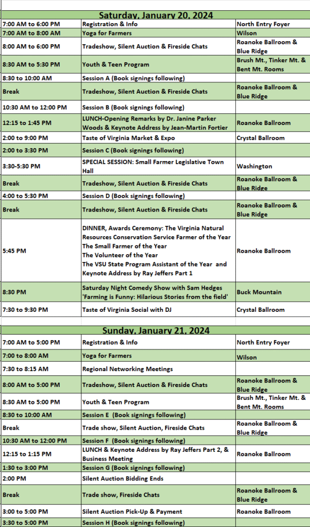Event schedule for January 20-21, 2024.