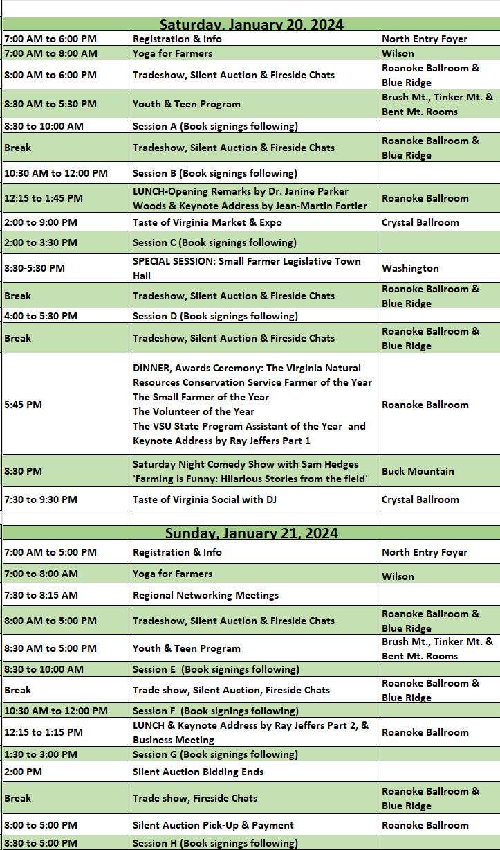 Event schedule for January 20-21, 2024.