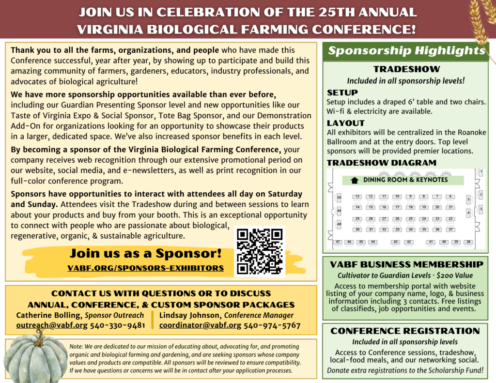 Flyer promoting the 25th Annual Virginia Biologs Farmers Conference with sponsorship details.