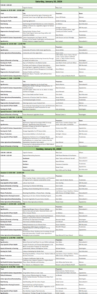 A detailed schedule for January 25-26, 2023, showing events, times, locations, and notes.