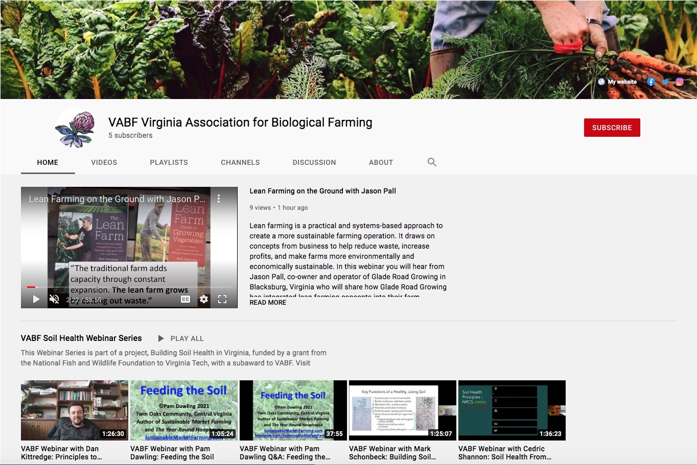 YouTube channel page of biological farming.