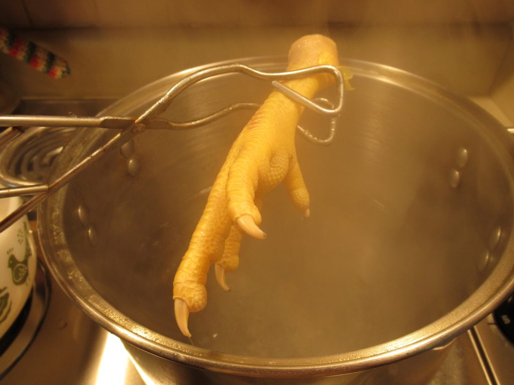 A lobster claw being boiled in a pot of water.