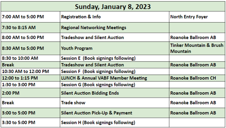 A schedule for Sunday, January 8, 2023, listing various meetings and events.
